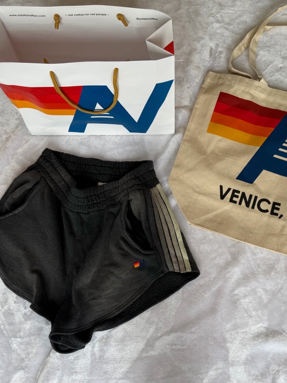 New with tag AVIATOR NATION 5 STRIPE CLUB SHORTS - Faded Smoke XS+ Tote